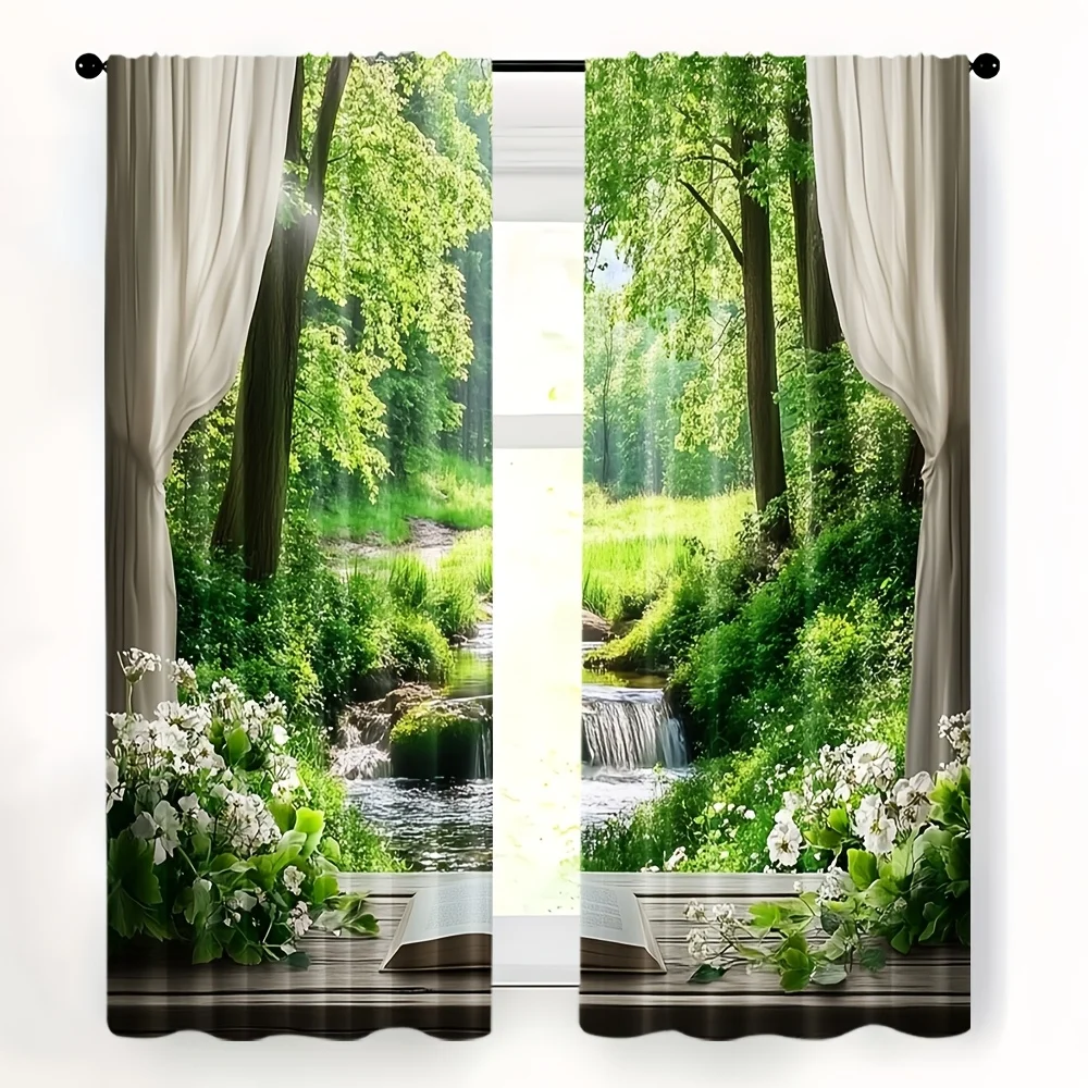 

2D FLAT 2pcs Curtains Forest Stream Greenery Flowers Window Perfect for Balcony, Bedroom, Study, Living Room, Suitable for Sprin
