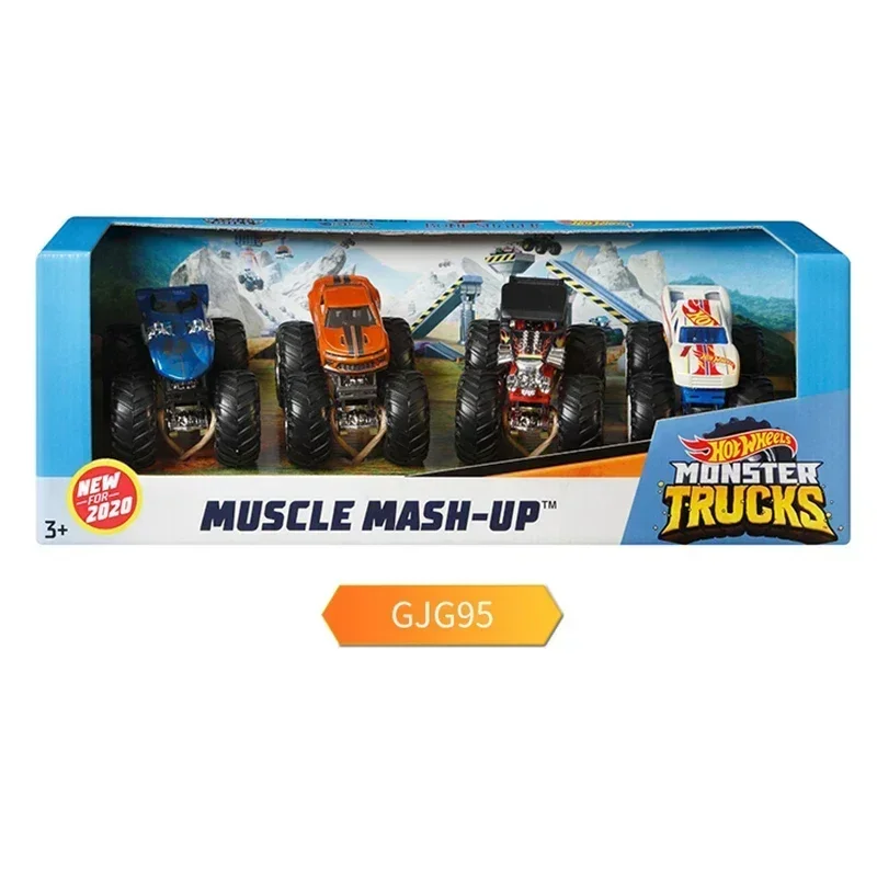 Original Hot Wheels Monster Trucks 4 Car Pack Giant Foot Metal Vehicle Model Wild Boys Toys Kids Muscle Beast Bash Racing Gift