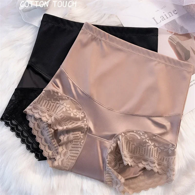 Sexy Lace Ice Silk Women Panties High Waist Seamless Panty Underwear Body Shaper Thin Soft Breathable Antibacterial Female Brief