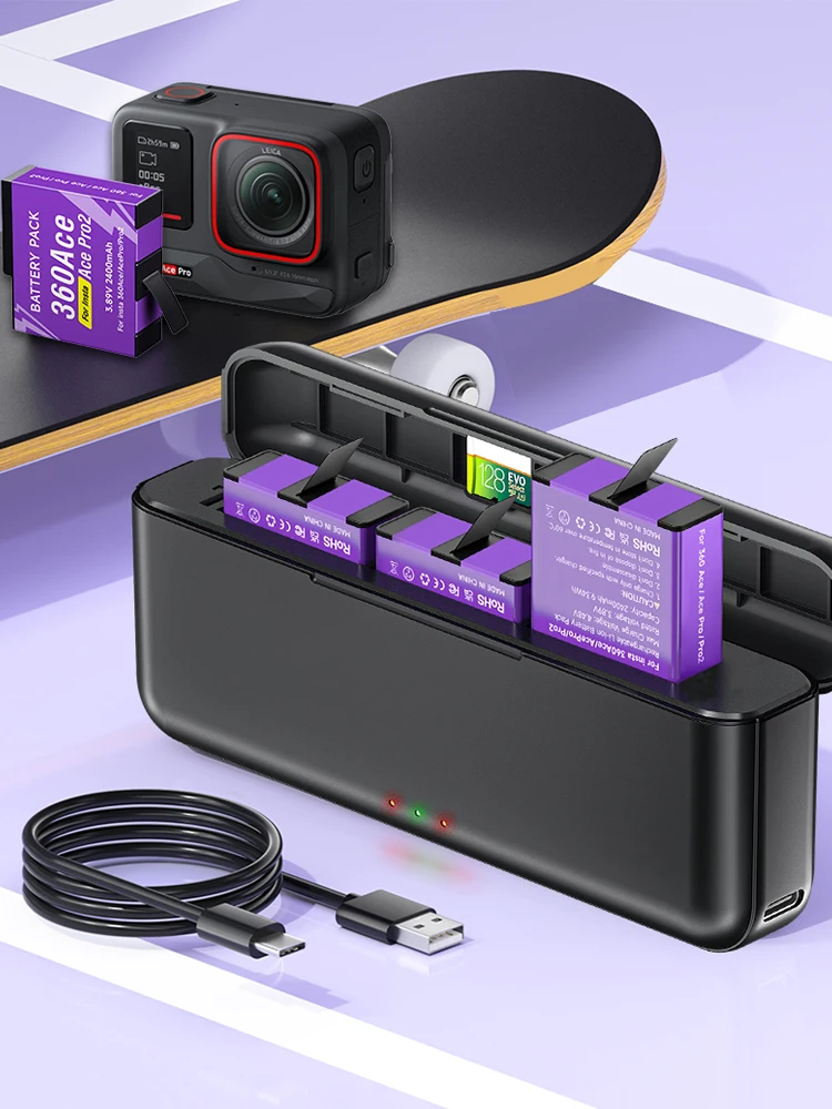 Zamienna bateria do Insta360 Ace Pro 2, Insta360 Ace Pro 2400mAh, do Insta360 Ace, bateria do kamery Insta 360 Ace Pro 2 z 3-gniazdową ładowarką USB LCD do szybkiego ładowania. (1 Charger 2 Battery) — Zdjęcie 2 z 2