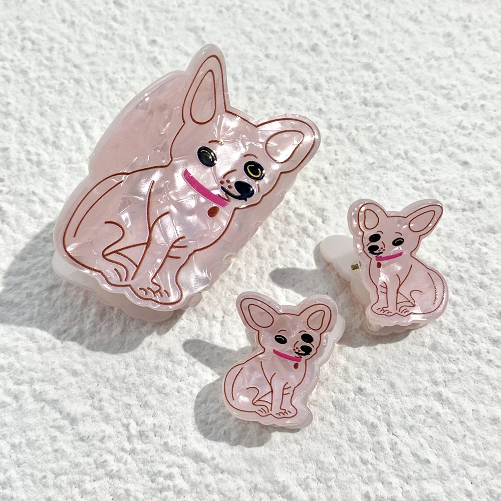 3pcs/set Pink Cartoon Dog Double Sided Print  Hair Clip For Women New Acrylic Crab Clamp Animal Barrettes Hair Accessories