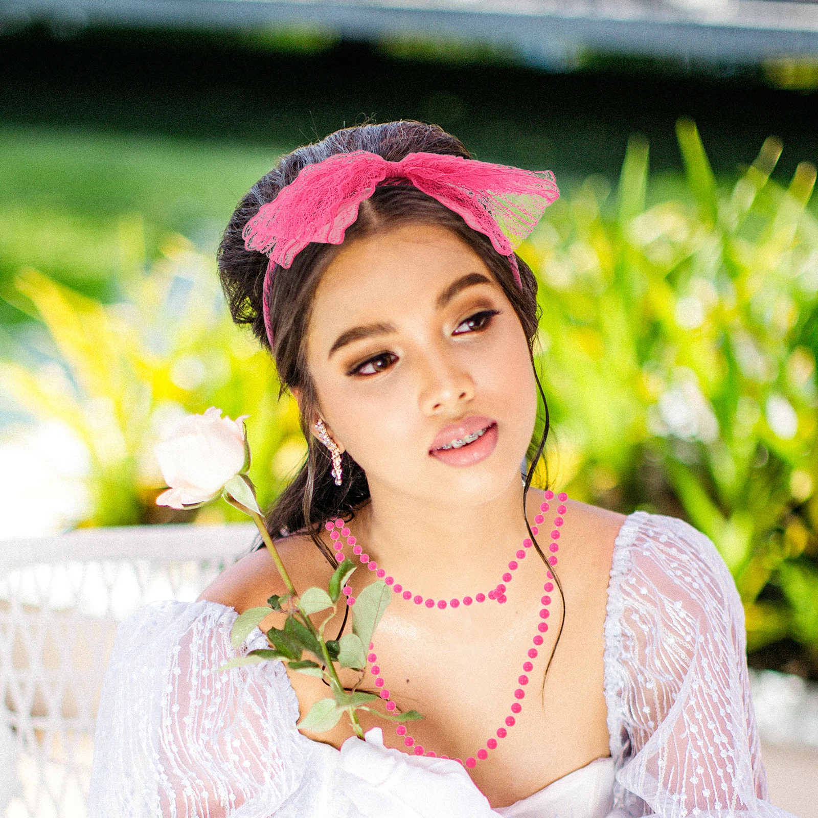 1Set 80s Fancy Dress Costume Accessories Retro Necklace Head Hoop Fishnet Gloves Wristband for Party 80s Fancy Dress Accessory