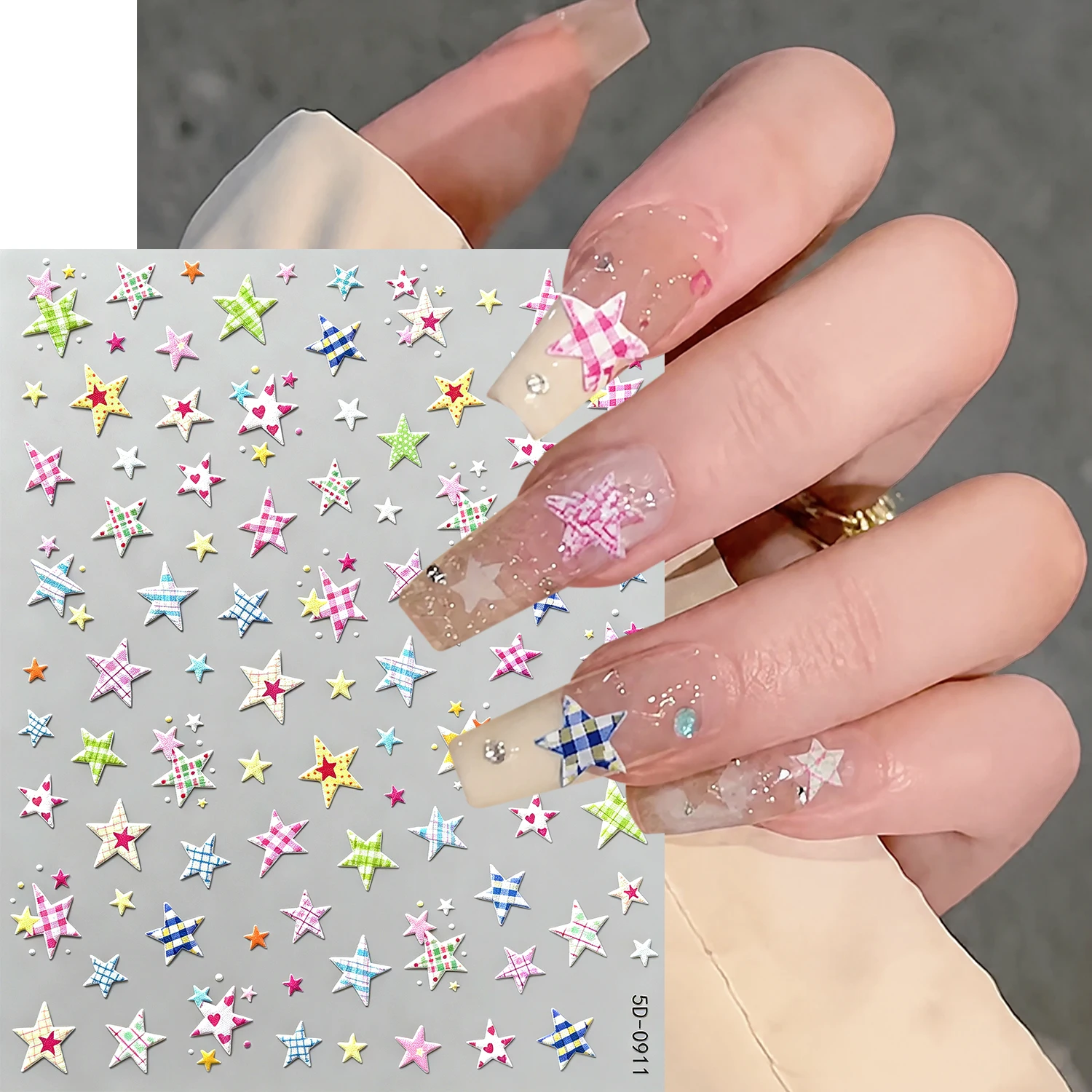 1Pc Plaid Pentagram Nail Art Stickers Colorful Checkered Star Nail Decals Sweet Y2K Style Nail Decor For Manicure Salon Home DIY