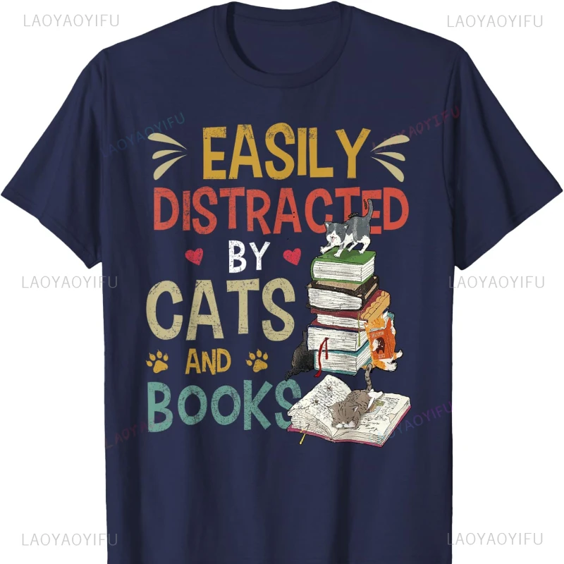 Easily Distracted By Cats & Books Cat & Book Lover T-Shirt Pro Choice Harajuku Graphic T Shirts Y2k Top Vintage T Shirts Tops
