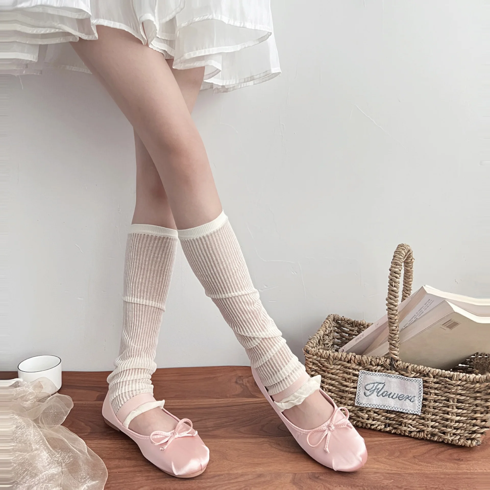 Ballet Thin Cotton Vertical Strip Lace Stepping Leg Cover Bubble Socks Cover White Stacking Socks Sleeve Calentadores  La Pierna