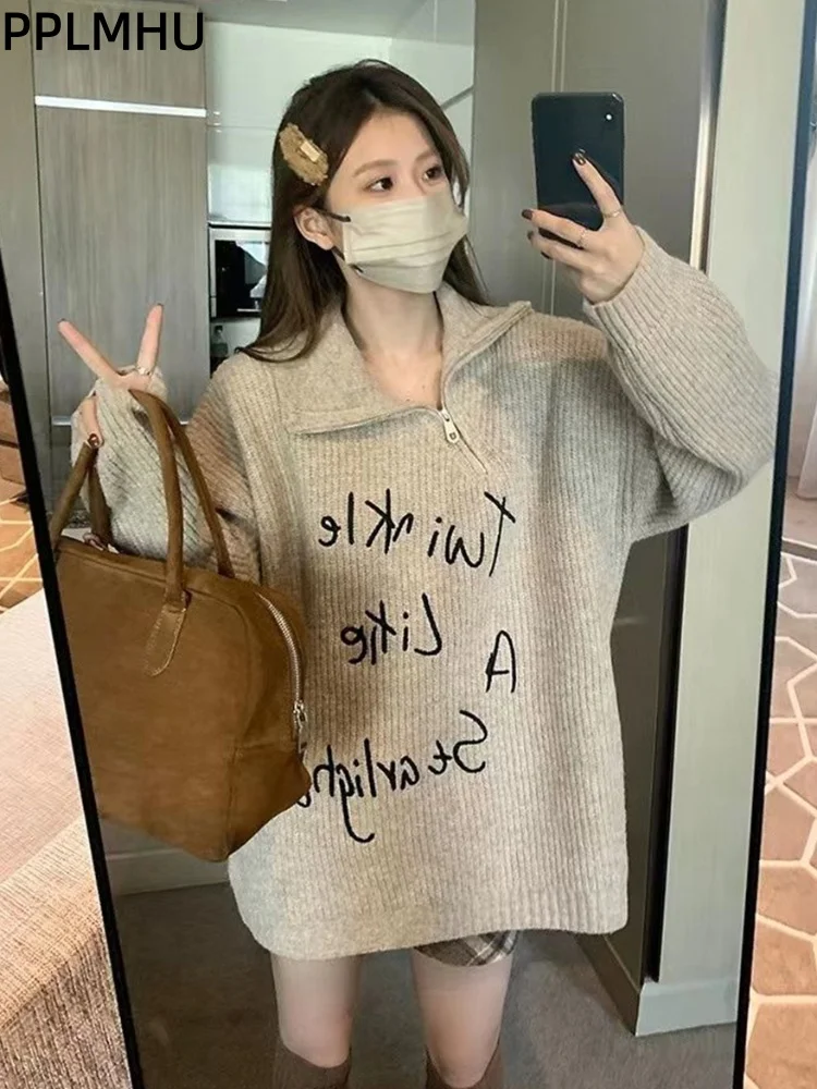 

Letter Printed Soft Sweater Sueter Women's Casual Fashion Baggy Knitted Pullovers Loose Vintage Turn-Down Collar Jumpers