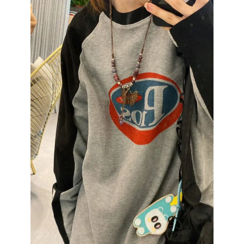 

Хиппи винтажная серая толстовка с капюшоном в стиле пэчворк Harajuku уличная одежда больших размеров свободные футболки с длинными рукавами женские корейские модные топы