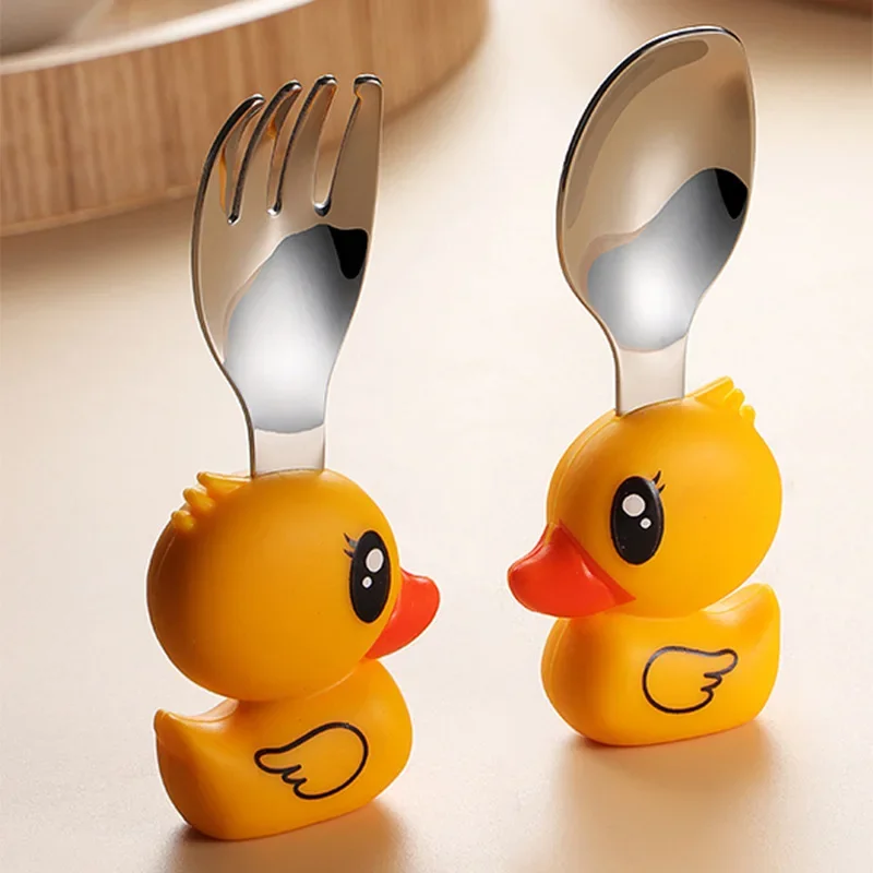 

304 Stainless Steel Children Tableware Baby Learning To Eat Anti Scalding Anti Falling Auxiliary Spoon Cartoon Spoon Fork