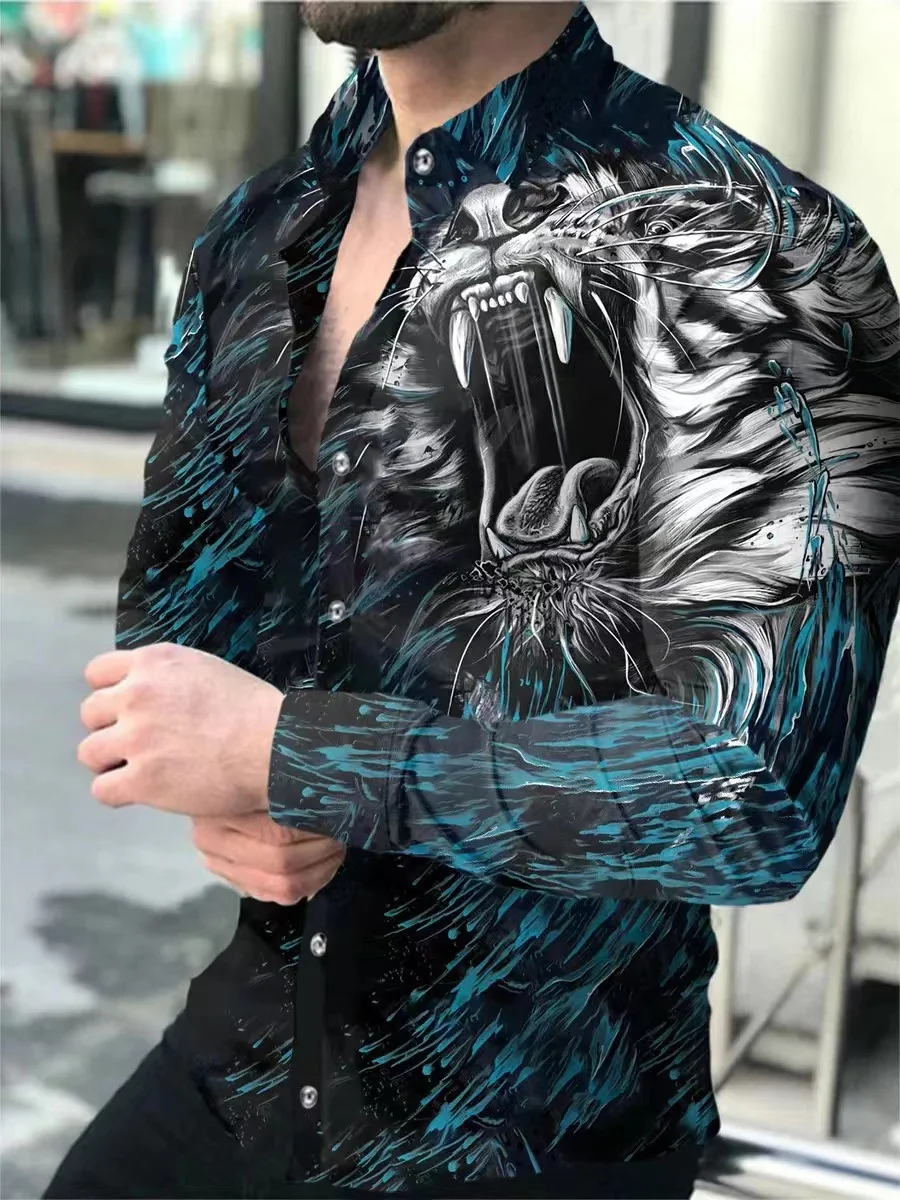 Men\'s party fashion long-sleeved shirt new 3D lion HD animal print lapel button shirt S-6XL Hawaiian casual cardigan street wear