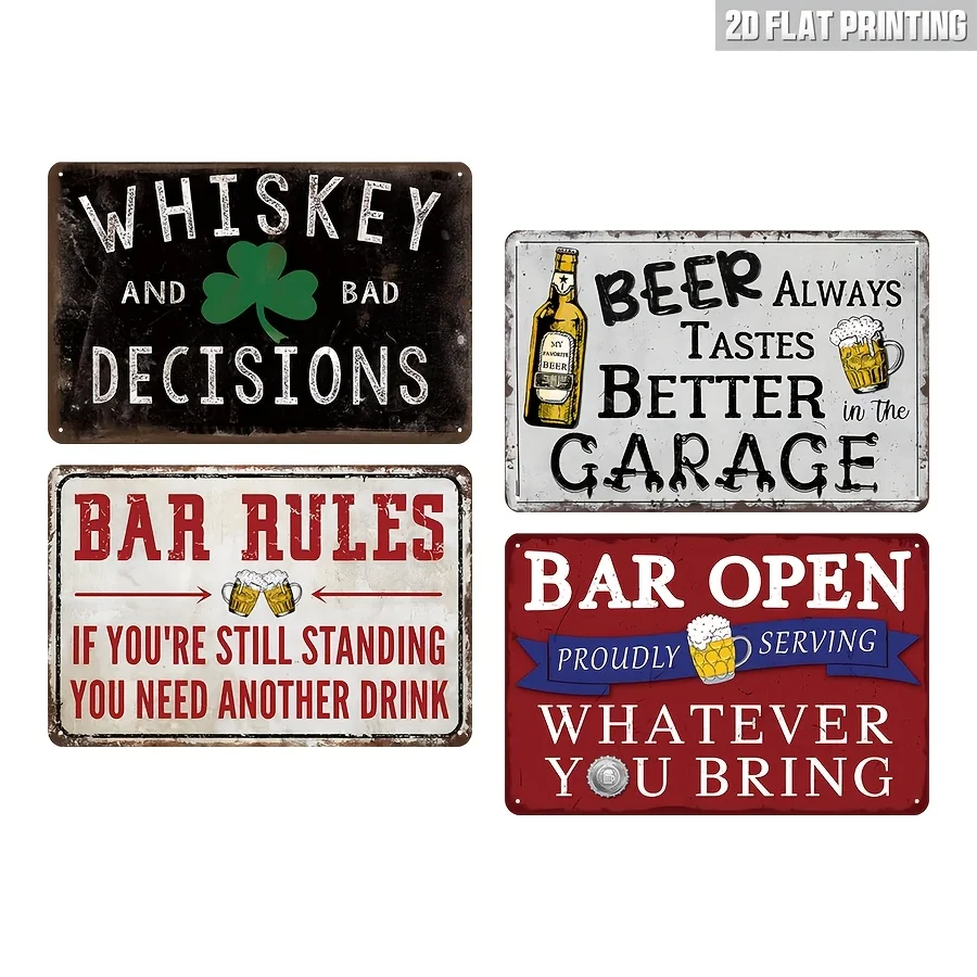Decorative Sign& Plaque 4pcs Funny Bar Signs Compatible For Man Cave& Pub, Vintage Metal Wall Decor With Open Rules Sign