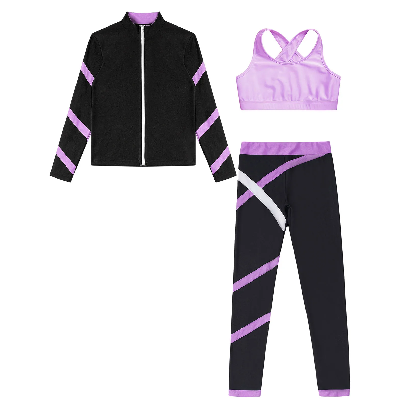 Kids Girls Tracksuit Stripe Long Sleeve Sports Tops Sleeveless Vest Leggings for Ballet Dance Gymnastics Yoga Workout Running