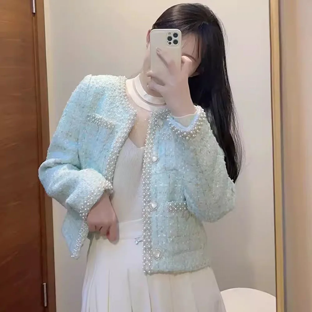 Fashion Retro Small Fragrant Wind Beaded Tweed Coat Female High Quality O-Neck Long Sleeve Office Short Jacket Ladies Outerwear