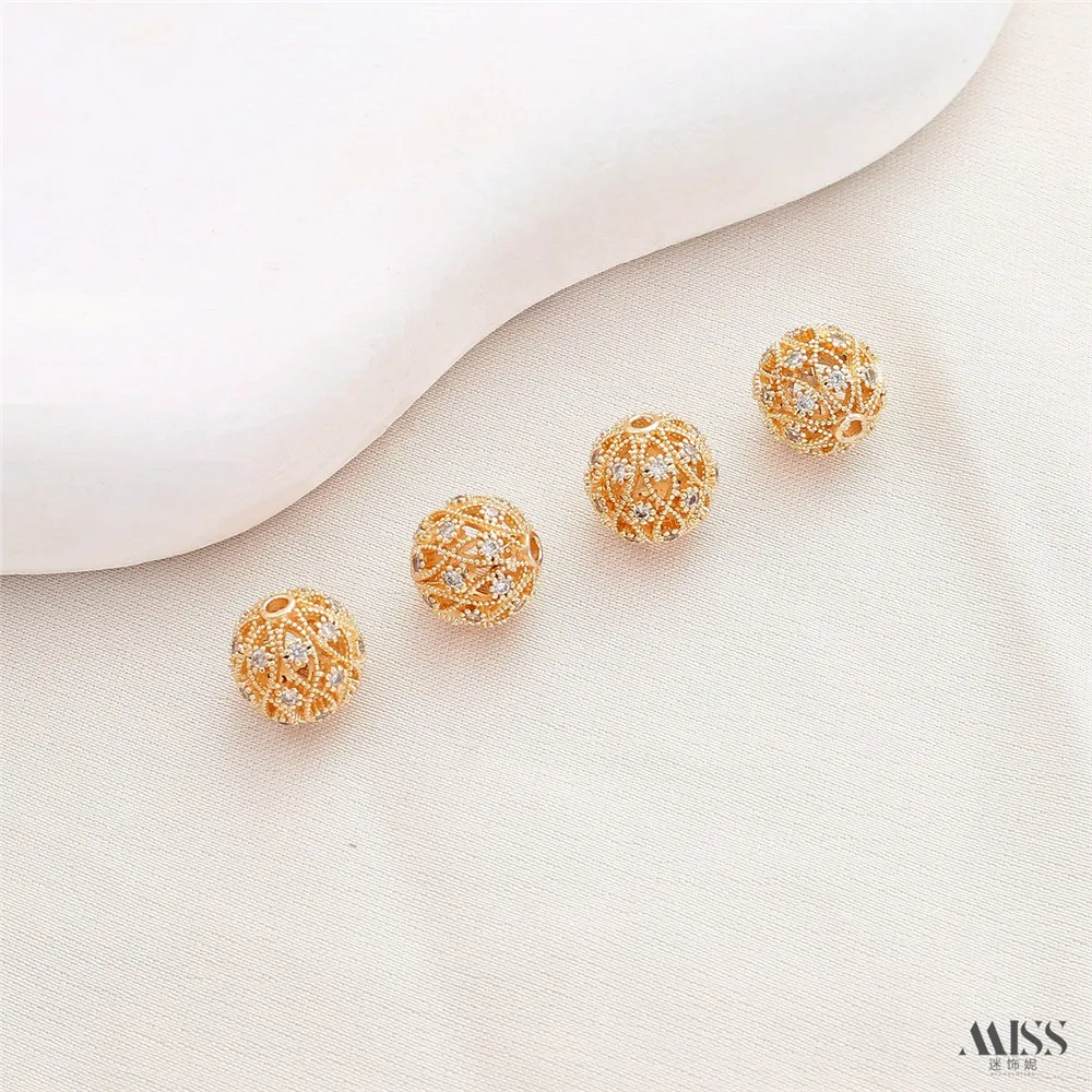 14K Gold-plated Hollow Out Full Set Zircon Embroidered Ball Flower Round Separated Beads DIY Bracelet Necklace String Accessorie