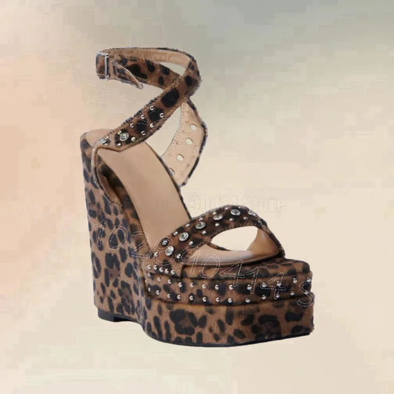 

Leopard Print Crystal Decor Wedges Heel Sandals Buckle Strap Women Shoes Open Toe Party Banquet Dating 2025 Zapatos Para Mujere