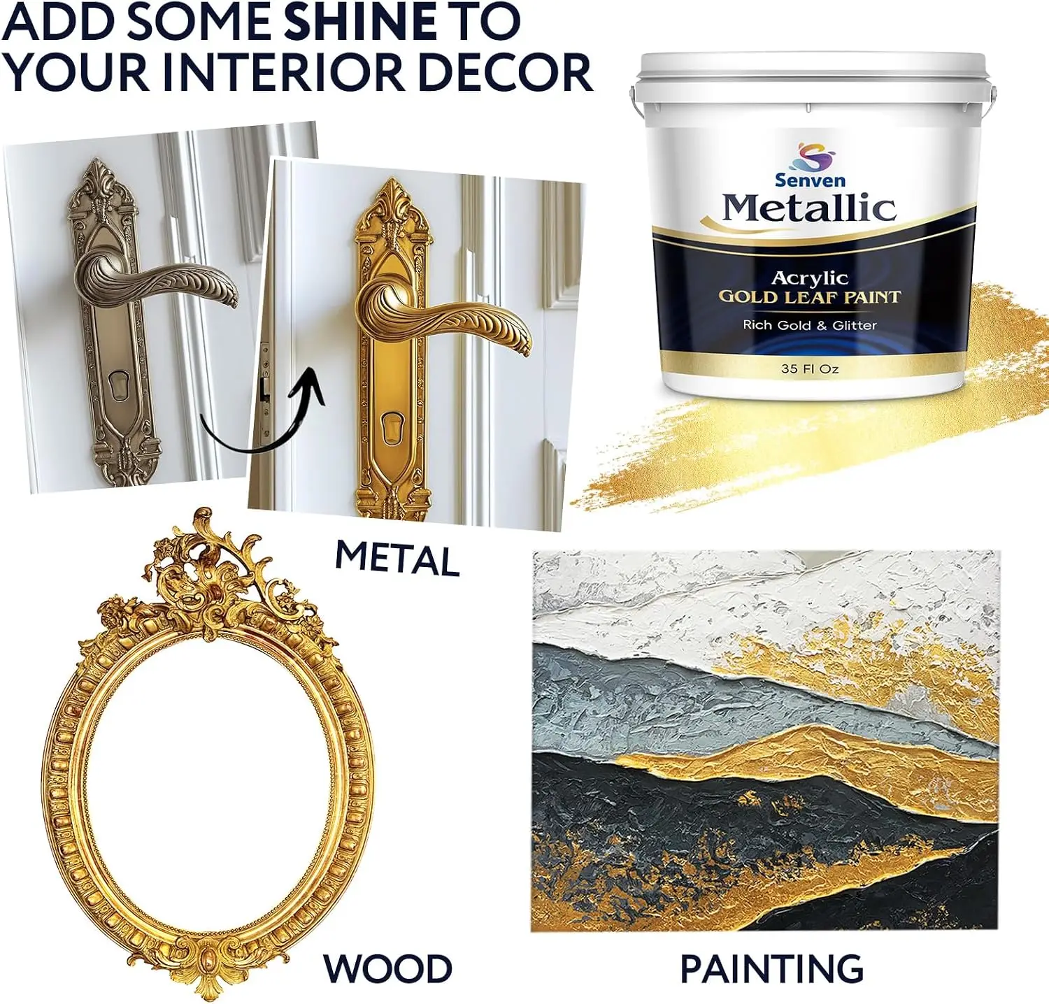 Gold Paint 35 Fl Oz Metallic Liquid Gold Leaf Paint Rich Golds Paint for Metal, Wood, Canvas, Appliance, Furniture, Clay DIY & Art Handcrafts Fast Drying Acrylic Metallic Finish Artwork & Home Decor