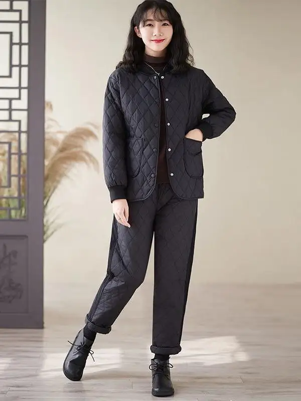 Conjunto de calças e Jaet de algodão Thiened para mulheres de meia-idade outono inverno Faion Outfit longo Sve com fecho de zíper xadrez Pat...