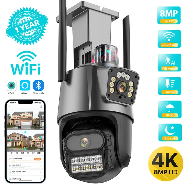 Outdoor Wifi PTZ Camera 4K 8MP HD Dual-Lens Dual Screen Camera AI Auto Tracking 4MP Video Surveillance Police Light Alarm iCSee Outdoor Wifi PTZ Camera 4K 8MP HD Dual-Lens Dual Screen Camera AI Auto Tracking 4MP Video Surveillance Police Light Alarm iCSee