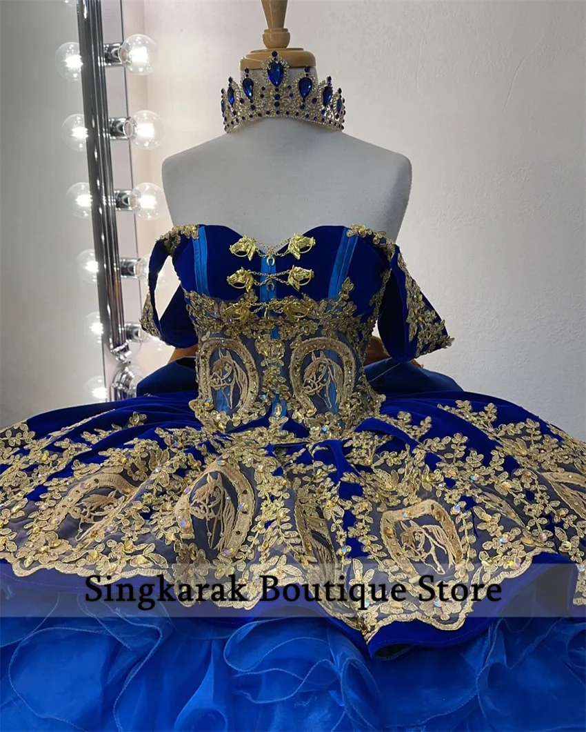 New Arrival 2024 Blue Mexi Beaded Quinceanera Dress Horse Lace Appliques Princess Crystals Ruffles Beads 16th Ball Gown