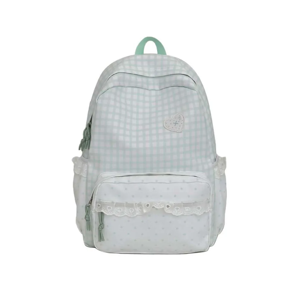 Korean Style Gingham Backpack Ruffle Design Polka Dot Lace Schoolbag Adjustable Straps Large Capacity Plaid Daypack