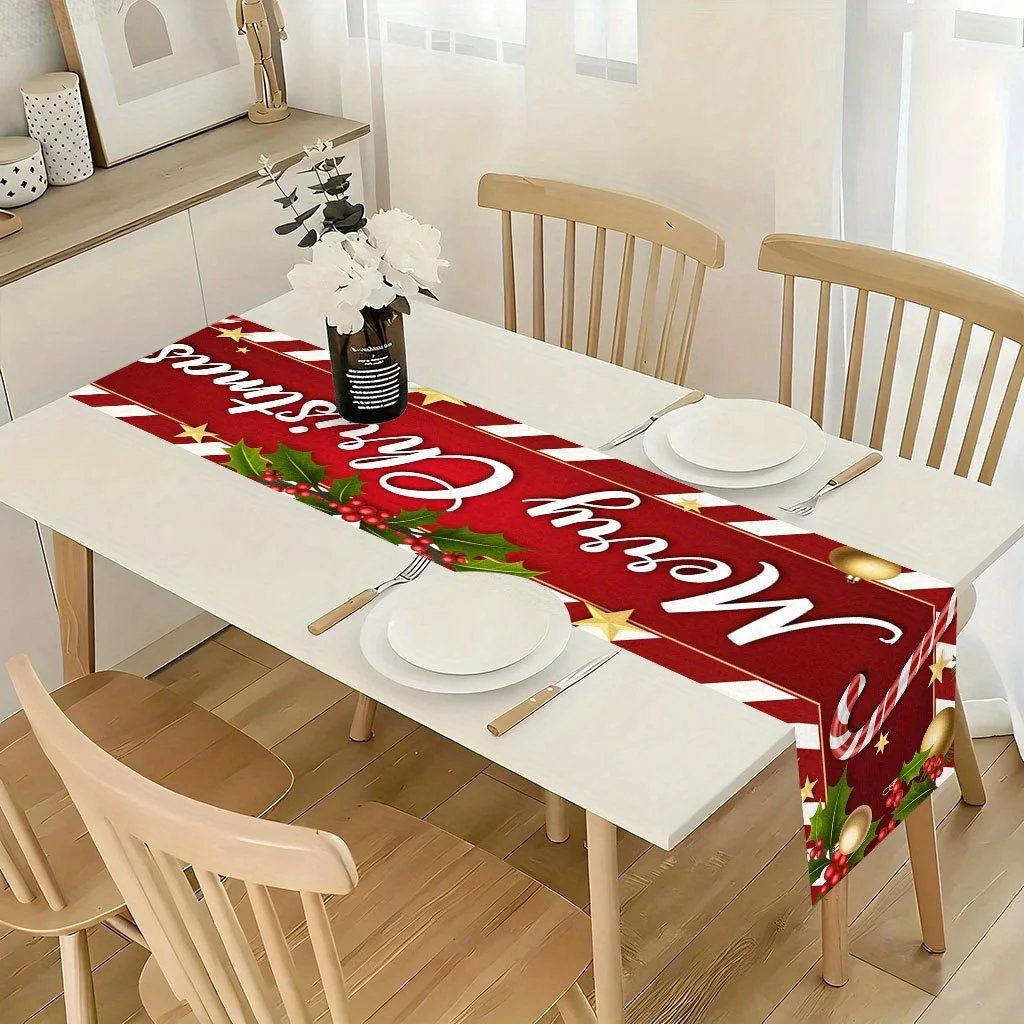 Merry Christmas Candy Cane Print Table Runner 1pc, Versatile for Restaurant, Home & Party Decor, Practical & Stain-Resistant