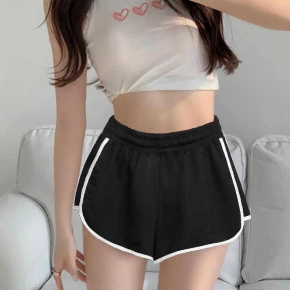 Shorts esportivos listrados para mulheres, curto de cintura alta para senhoras, simples calça de praia monocromática casual e emagrecedora, simples e solta