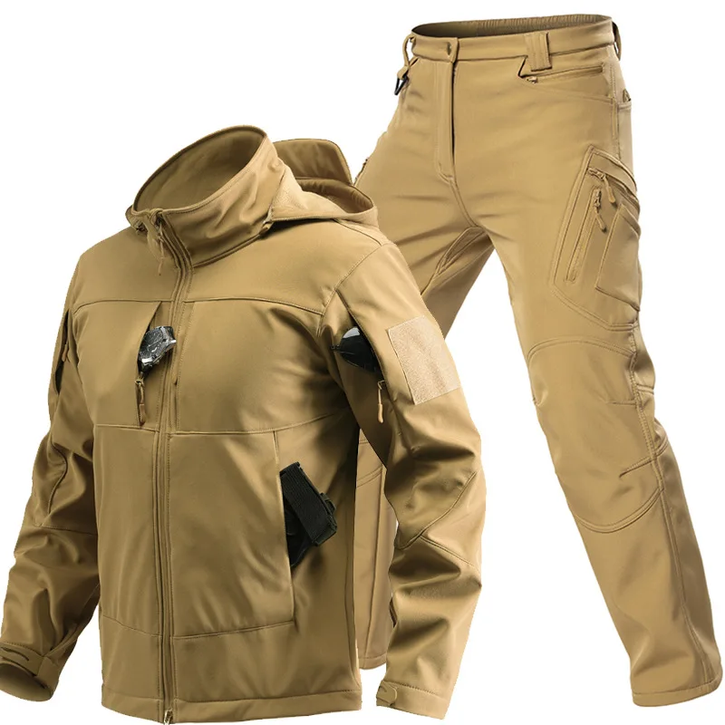 Outdoor Tactical Softshell Suit for Men Hooded Full Zip Jacket Cargo Pants Windproof Multi‑Pocket Set for Hunting Hiking Camping view 4
