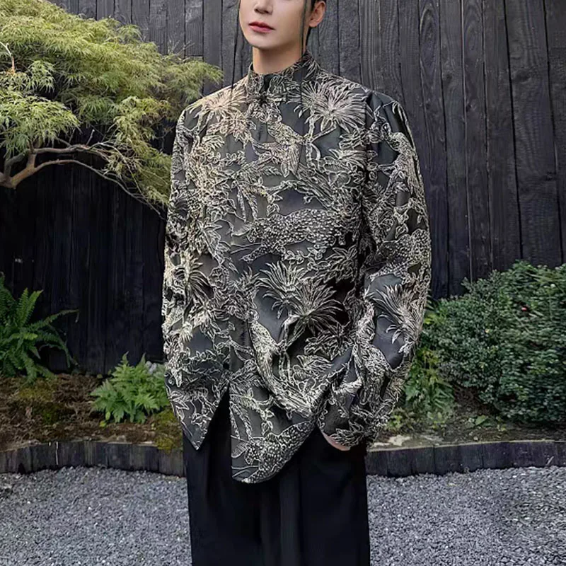 Vintage Chinese-inspired Jacquard Shirt with 3D Textured Pattern, Mandarin Collar & Frog Buttons