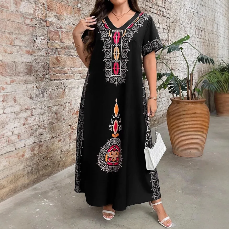 

Vintage Elegant Women's Long Sleeve Muslim Dubai Dress Islamic Costume Print Short Sleeve Türkiye Abaya Scarf Sun Dress