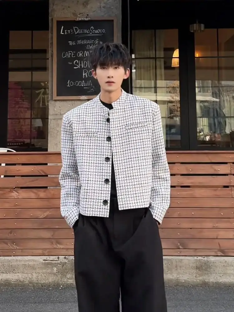 

Мужская клетчатая куртка с воротником-стойкой, весенне-осенняя модная молодежная куртка из полиэстера с пуговицами, легкая одежда, прямой подол
