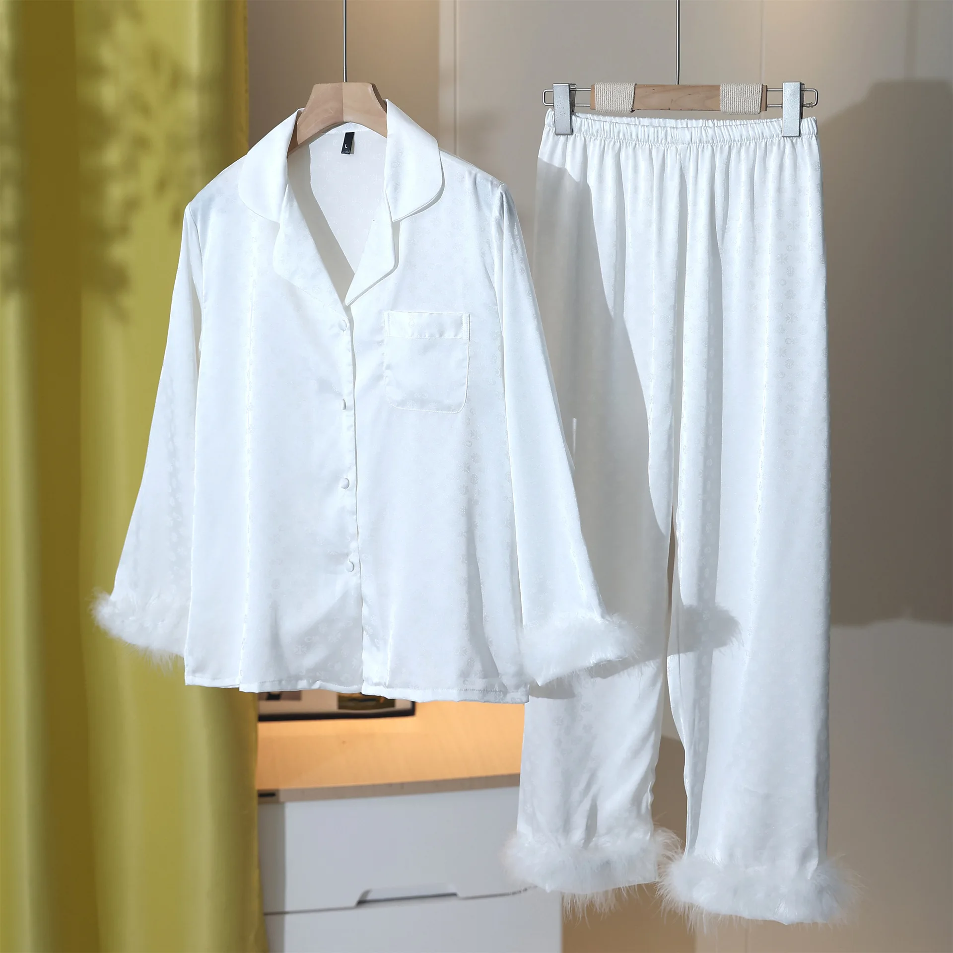 

Luxury Feather Patchwork Pajamas Women Shirt&pants Lady Summer Spring New Homewear Satin Nightwear Pyjamas Loose Outfit