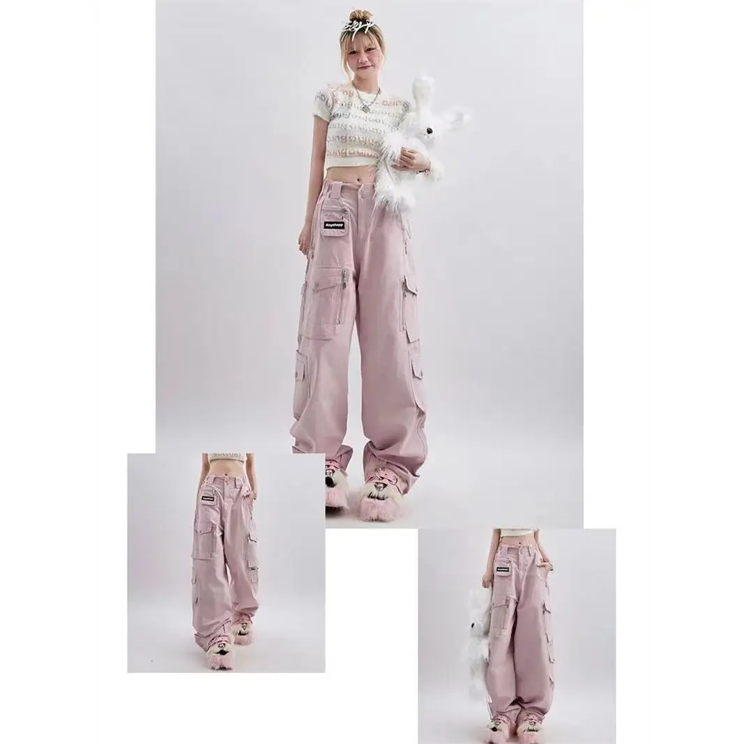Women\'s Pink Cargo Pants Vintage Harajuku Y2k Aesthetic Loose Parachute Pants Oversize High Waist Baggy Trousers 2000s Clothes