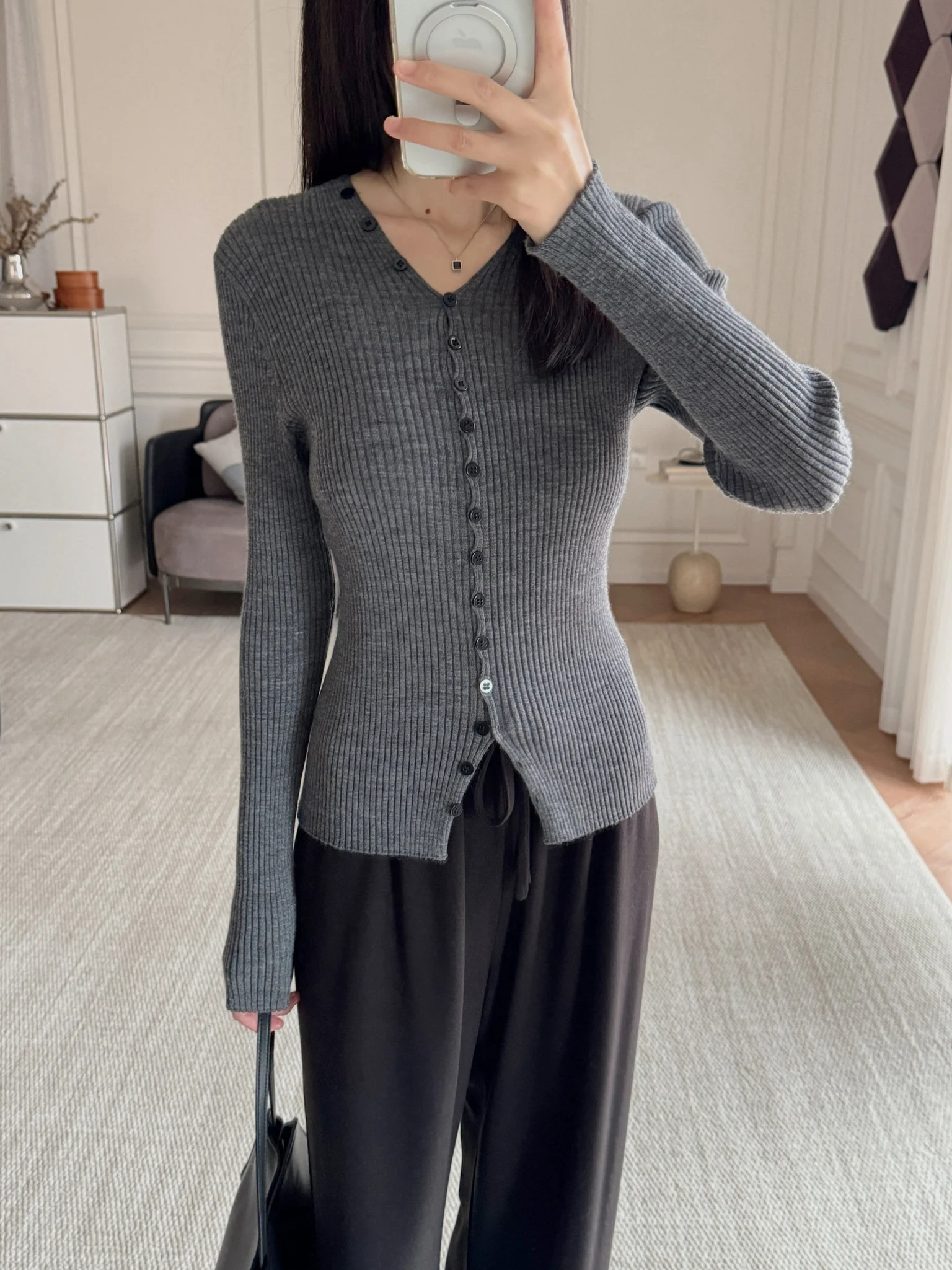 

Теплый вязаный топ из шерстяной смеси с V-образным вырезом, на одной пуговице, влагоотводящий, теплогенерирующий, повседневный, женский, с длинным рукавом