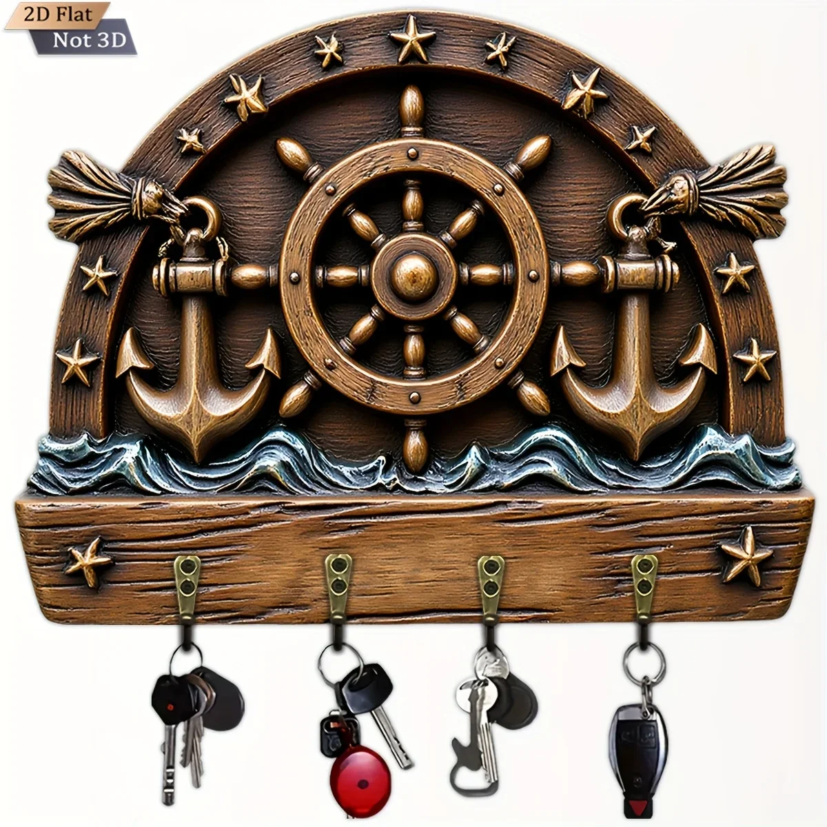 2D Flat, 1pc, Ship'S Wheel, Anchor, Wave, Key Hook, Wooden Multifunctional Home Key Holder with Four Metal Hooks, Wall