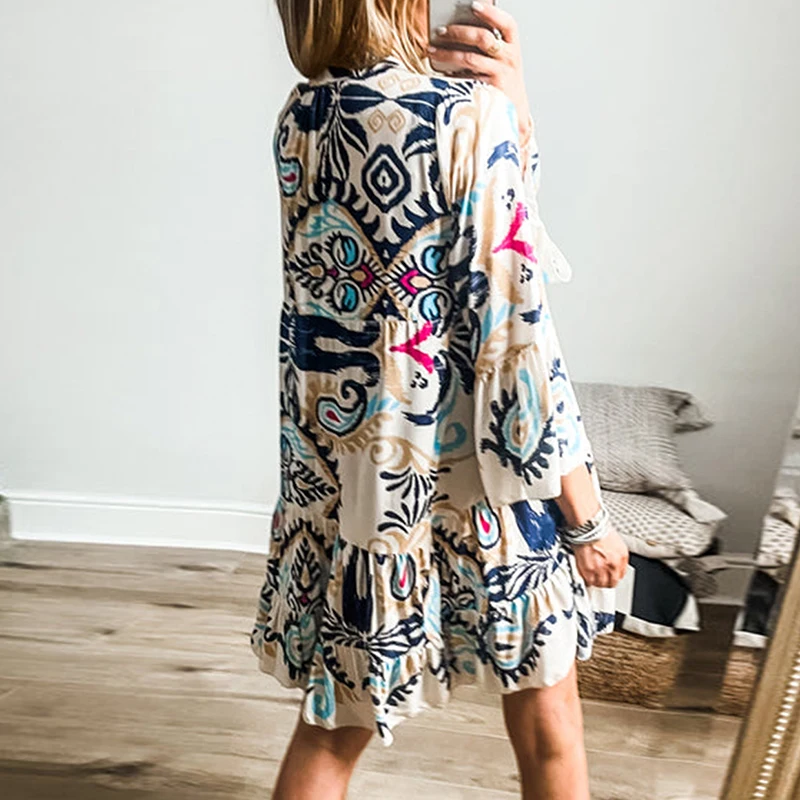 Vintage Pattern Print Loose Boho Dress Womens Spring V Neck Button A-Line Mini Dress Autumn 3/4 Flare Sleeve Office Lady Dresses