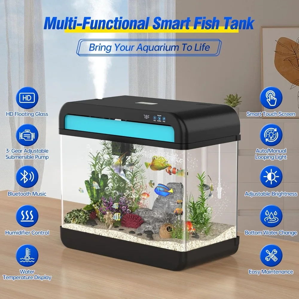 Fish Tank Aquarium 6.3 Gallon with Bluetooth Music Humidifier 7 Color Auto-Looping Light Adjustable Pump with Filtration