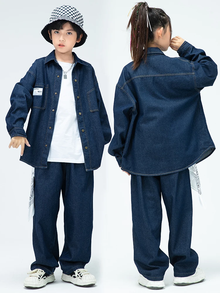 Ballroom Hip Hop Dance Clothes For Girls Denim Coat Pants Boys Hiphop Performance Suit Teenager Kids Modern Dance Costume BL9323