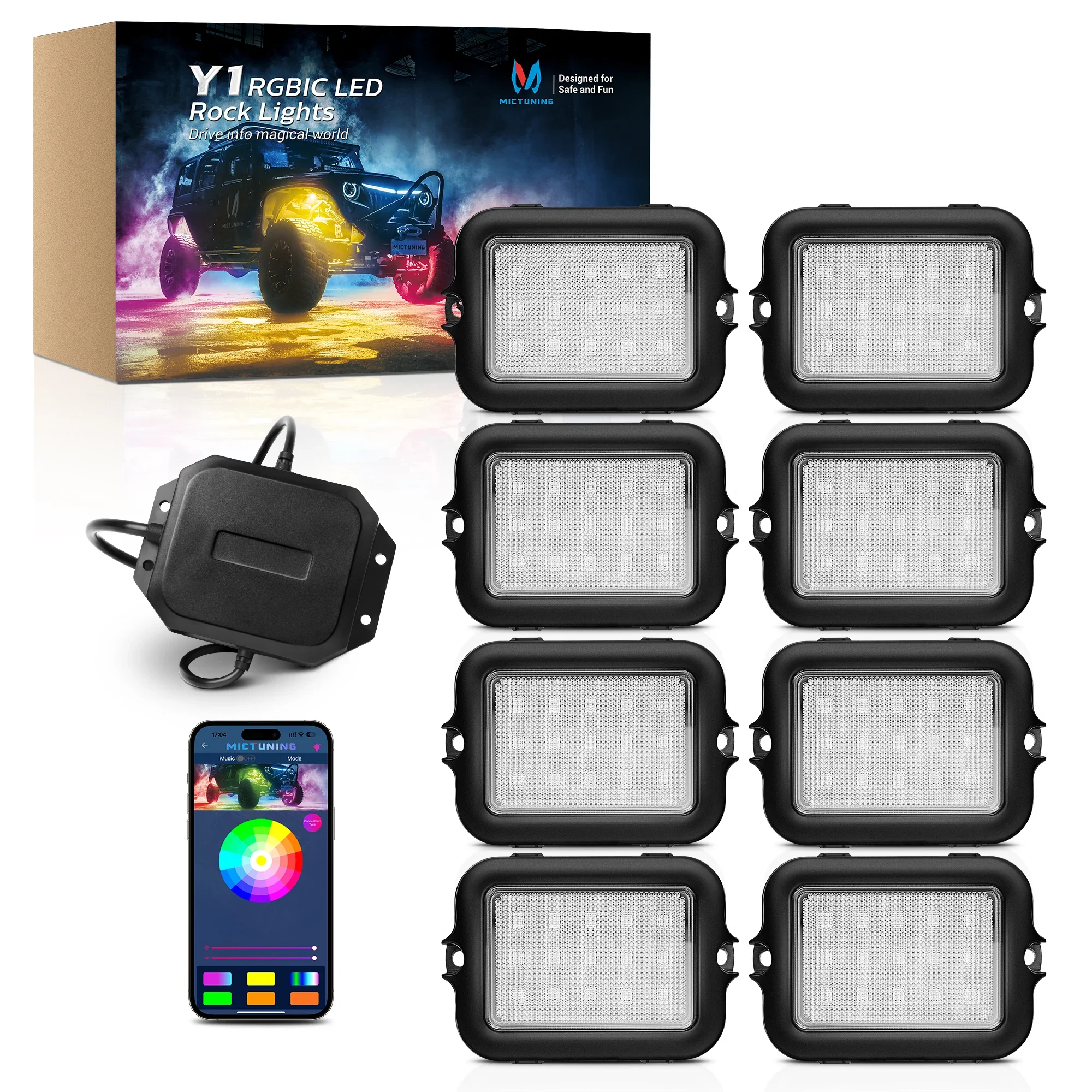 MICTUNING Rock Lights 8Pods Y1 Extensible  DIY RGB+IC LED  Kit, Color Underbody Lights With APP Control Multiple Lighting Modes