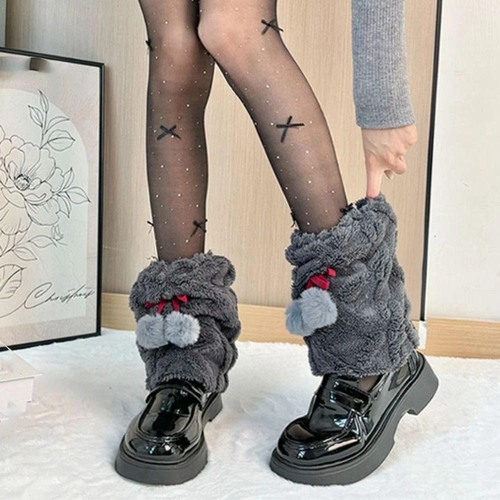 Casual Y2k Thick Plush Leg Warmers Bowknot Plush Balls Plush Stockings Footcover Pile Up Socks Leg Warmers Women Girls