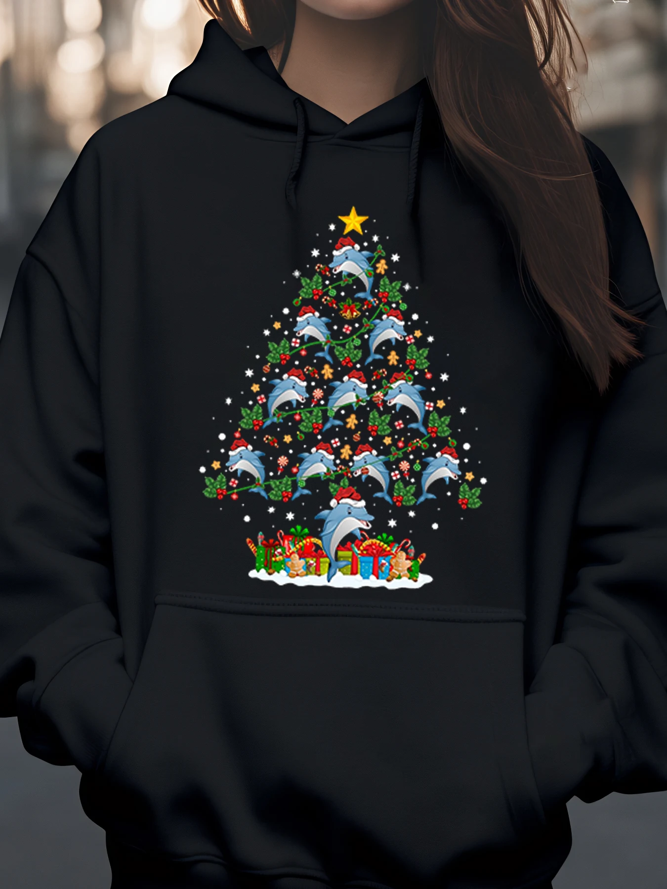 

Толстовка с принтом дельфина и рождественской елки, праздничный подарок для женщин и мужчин