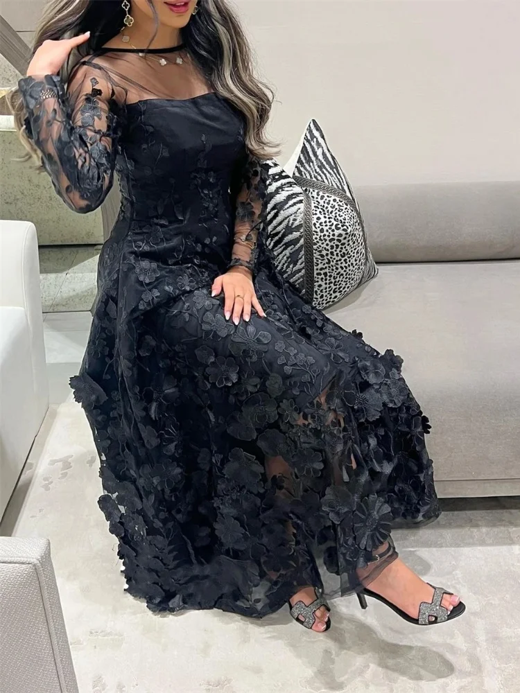 Women's O-neck Long sleeved Ball Saudi Arabian Jewelry A-line Formal Dress with Ankle Dress Evening Dress