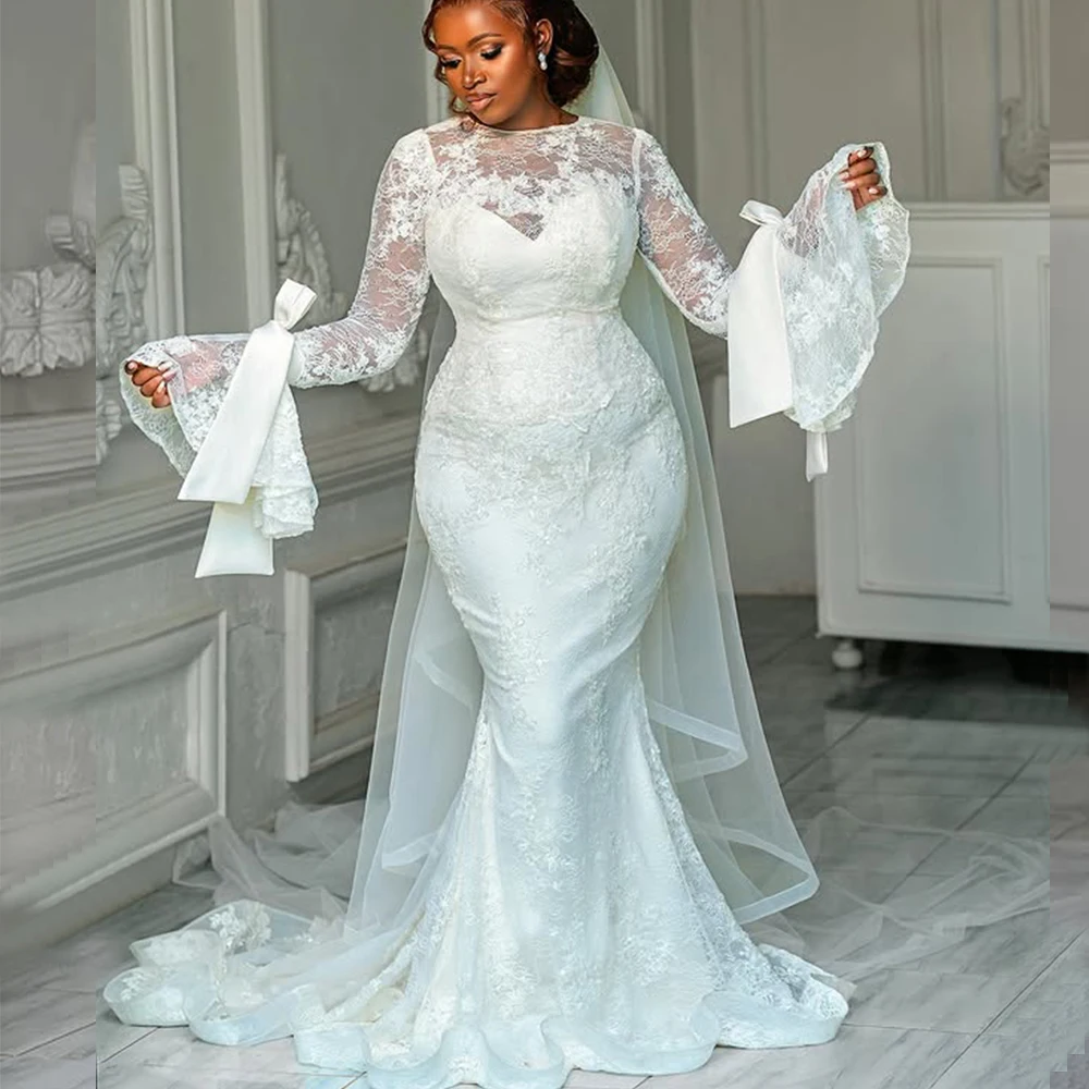

2025 Lace Mermaid Wedding Dresses for Bride O Neck Long Flare Sleeve Sweep Train Bow African Nigeria Bridal Gowns Customized