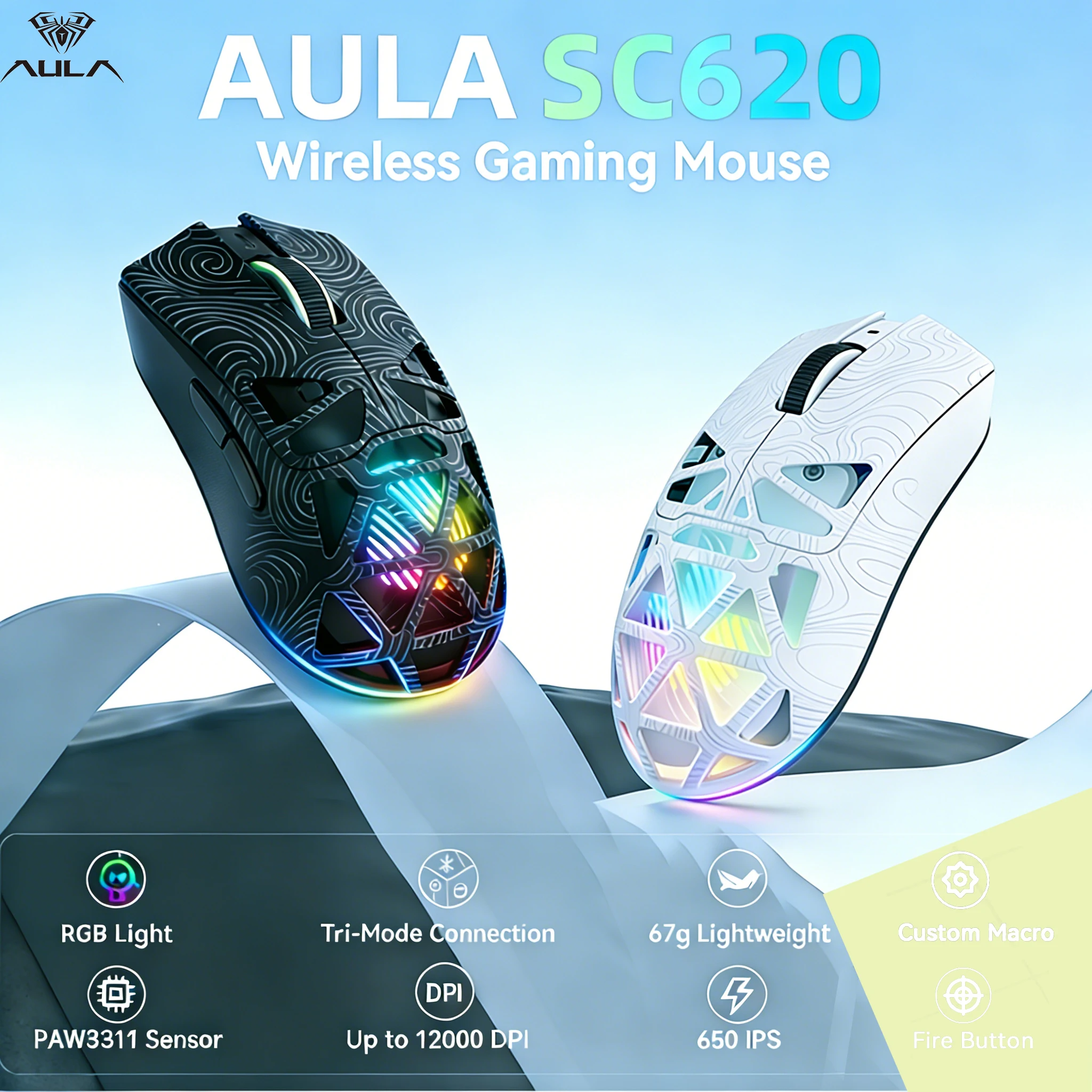 SC620 Wireless Gaming Mouse, 3-Mode Connection 2.4GHz/USB-C/Bluetooth 5.3, 12000 DPI, Programmable Macros,RGB,Quick Fire Button