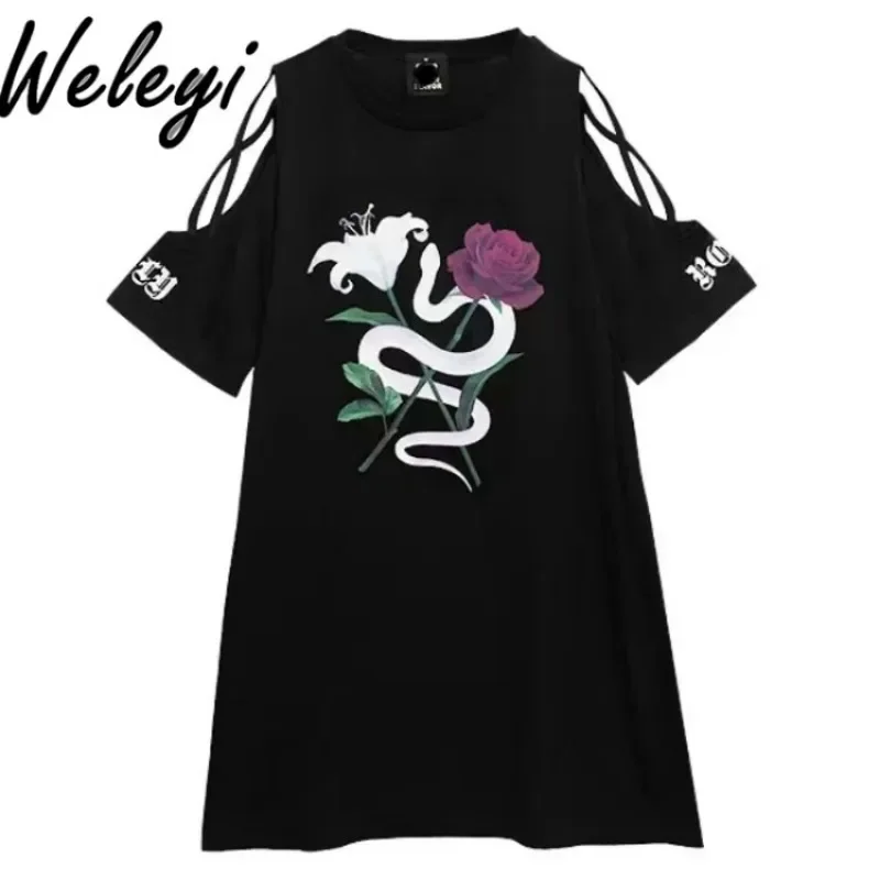 2025 Summer Y2k Subculture Gothic Snake and Rose T Dresses Woman Dark Yabi Cool Hollow Out Shoulder-Baring T-shirt Dress Female