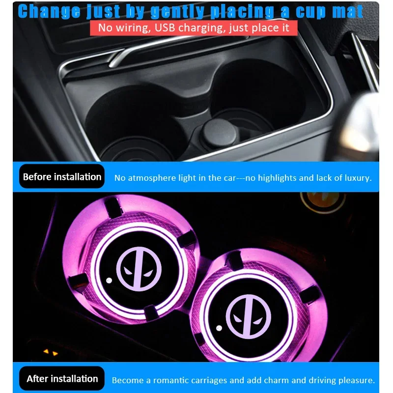 2pcs Deadpool Colorful LED Car Coaster Light Luminous Water Cup Mat for Honda Hyundai KIA Volvo Suzuki Skoda Fiat Cadillac VW - view 5