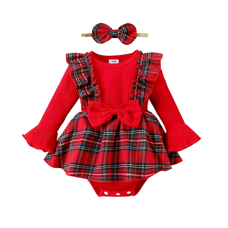 

Newborn Baby Girl Christmas Outfit Red Plaid Print Long Sleeve Romper Dress Ruffle Bodysuit Jumpsuit Todder Baby Christmas