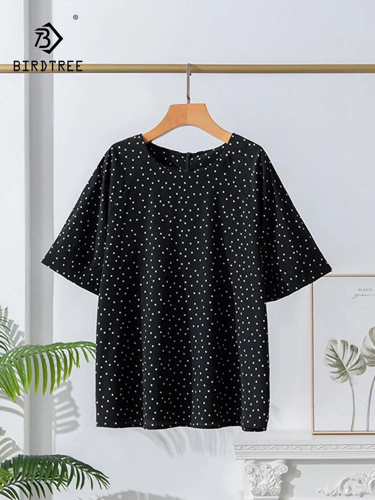 BirdTree-100%Real Silk Double Crepe Elegant T-Shirt, Short Sleeve Dot Print, Women Commute Loose Tee, 2026 Summer New T64861CC