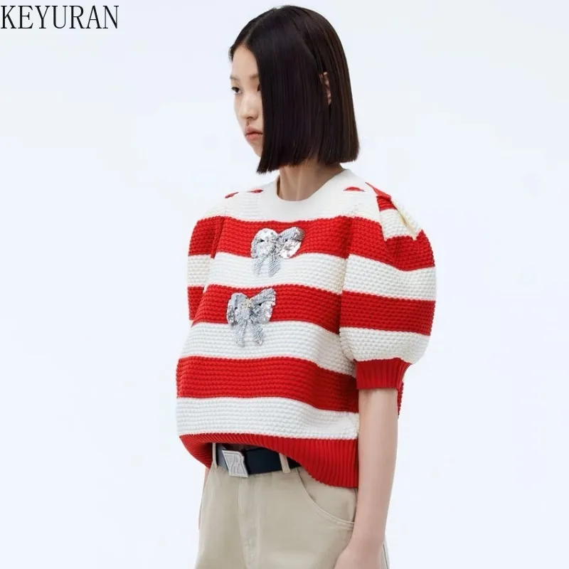 2024 Summer Sweet Sequin Bow Striped Sweater Women Pullover O-Neck Casual Color Block Short Sleeve Knit T-shirts Jumper Y2K Tops