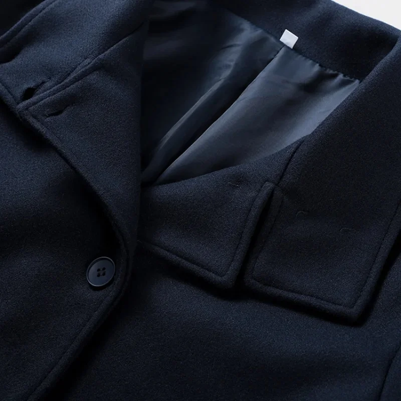 Dunkelblaue Wolljacke für Damen, 2025, Frühling, einreihig, Stehkragen, lockerer weiblicher Mantel, Bürodame, Straße, kurze Oberbekleidung, Tops – Detail 9