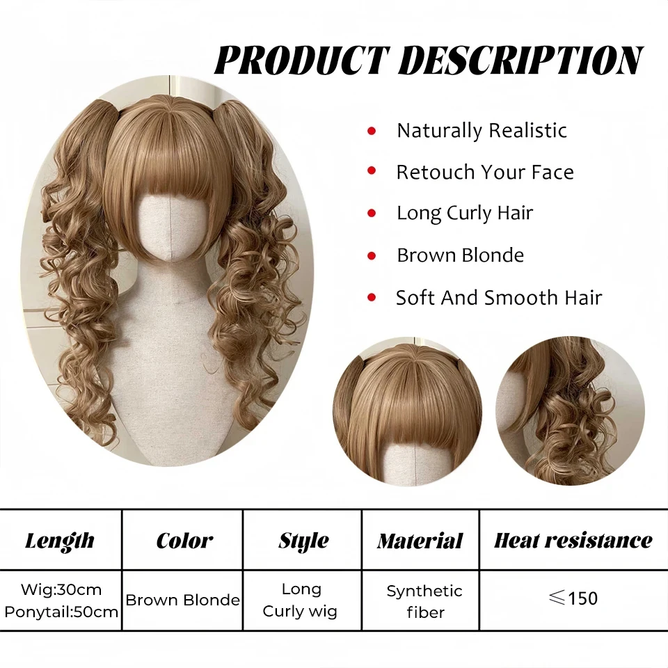 OLACARE Synthetic Short Cosplay Christmas Halloween Bob Brown Blonde Wig With Long Curly Ponytail Natural Fake Hair for Women