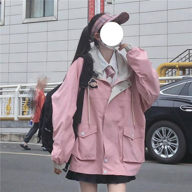 Japanese Kawaii Zipper Pink Woman Jacket 2020 Korean Color Matching Winter Clothes Loose Cute Female Tops Coat Manteau Femme